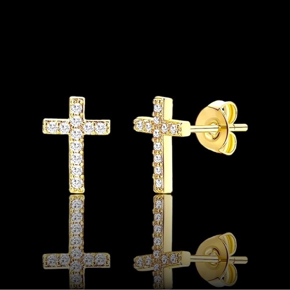 14K Gold Plated CZ Inlay Christian Cross Small Stud Earrings Baby Girl Women New - Picture 4 of 14